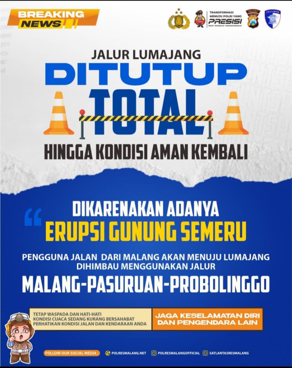 Erupsi Gunung Semeru, Polres Malang Tutup Jalur Ampelgading–Lumajang hingga Kondisi Aman